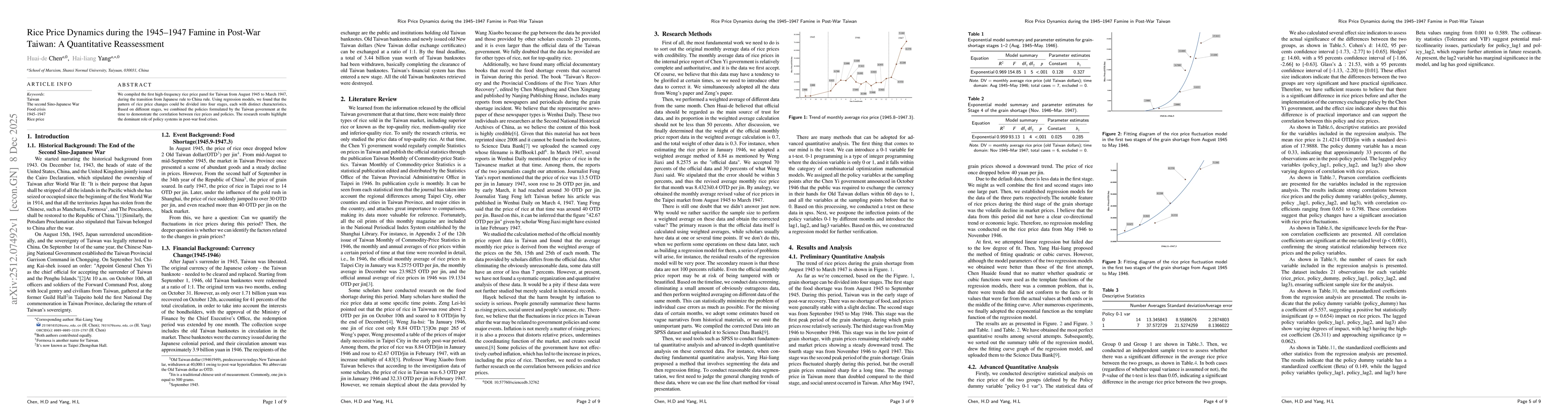 Thumbnail for Rice Price Dynamics during the 1945--1947 Famine in Post-War Taiwan: A Quantitative Reassessment