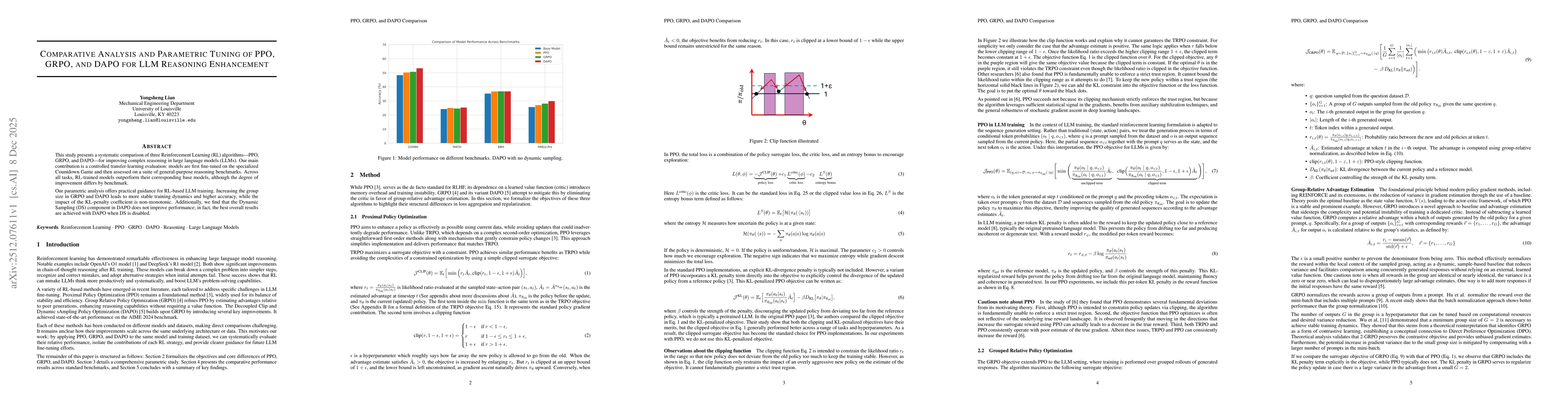 Thumbnail for Comparative Analysis and Parametric Tuning of PPO, GRPO, and DAPO for LLM Reasoning Enhancement