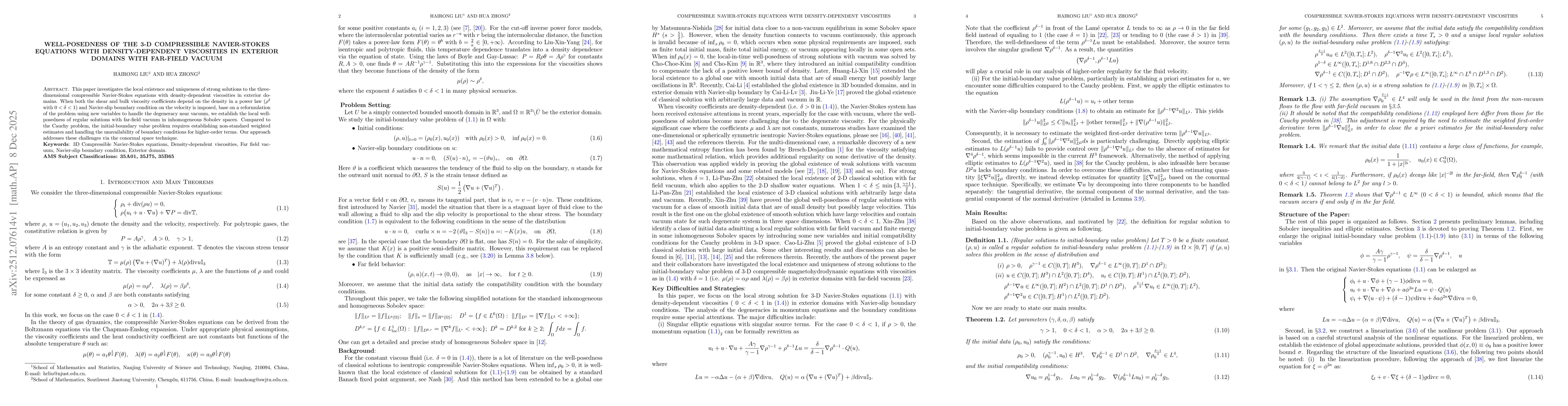 Thumbnail for Well-posedness of the 3-D compressible Navier-Stokes equations with density-dependent viscosities in exterior domains with far-field vacuum