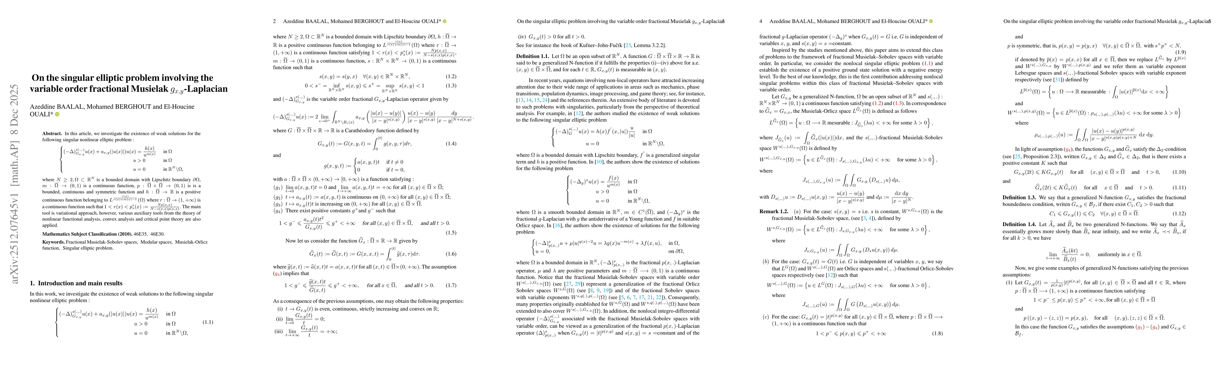 Thumbnail for On the singular elliptic problem involving the variable order fractional Musielak $g_{x,y}$-Laplacian