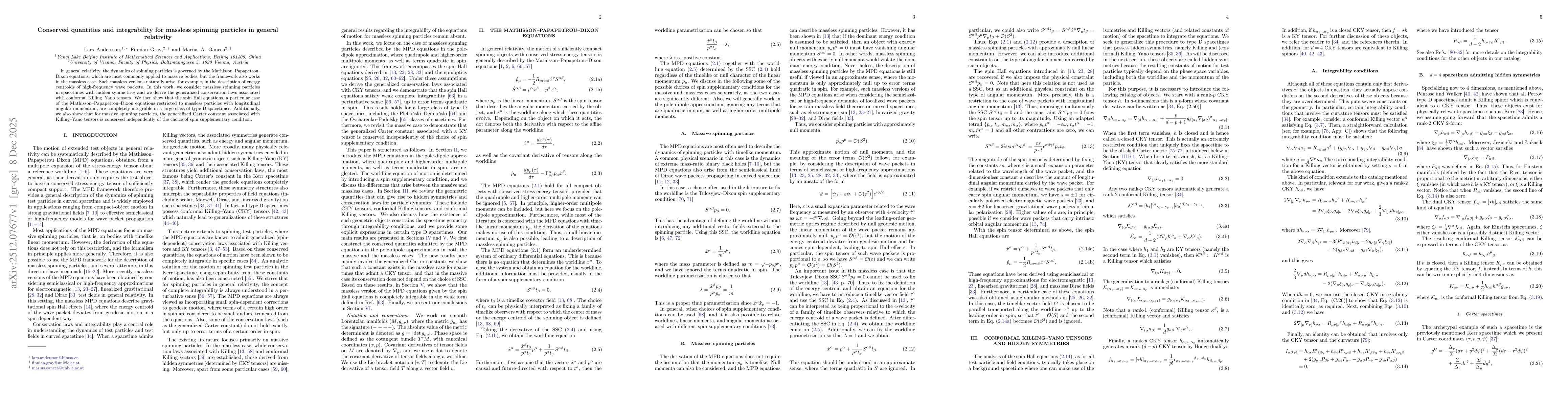 Thumbnail for Conserved quantities and integrability for massless spinning particles in general relativity