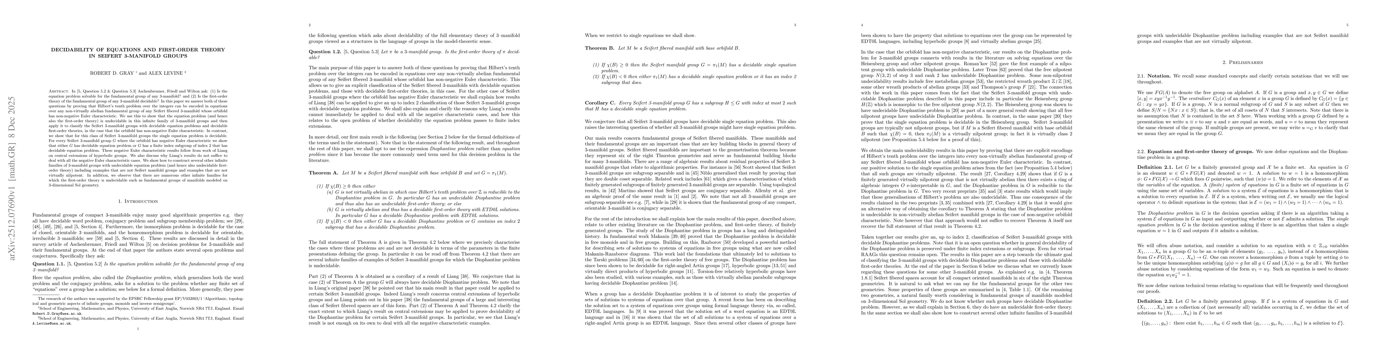 Thumbnail for Decidability of equations and first-order theory in Seifert 3-manifold groups