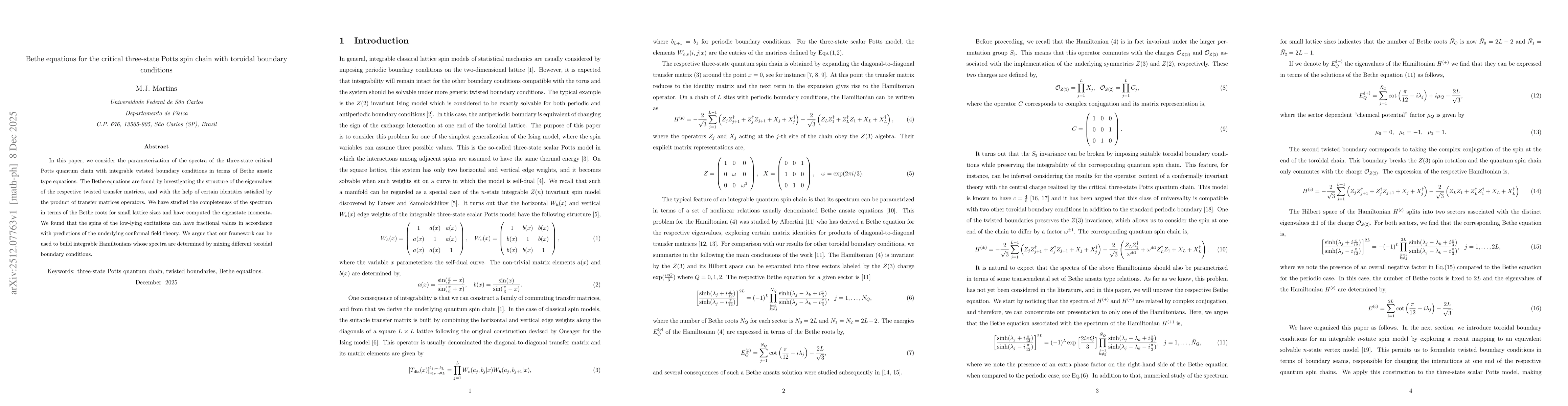Thumbnail for Bethe equations for the critical three-state Potts spin chain with toroidal boun dary conditions