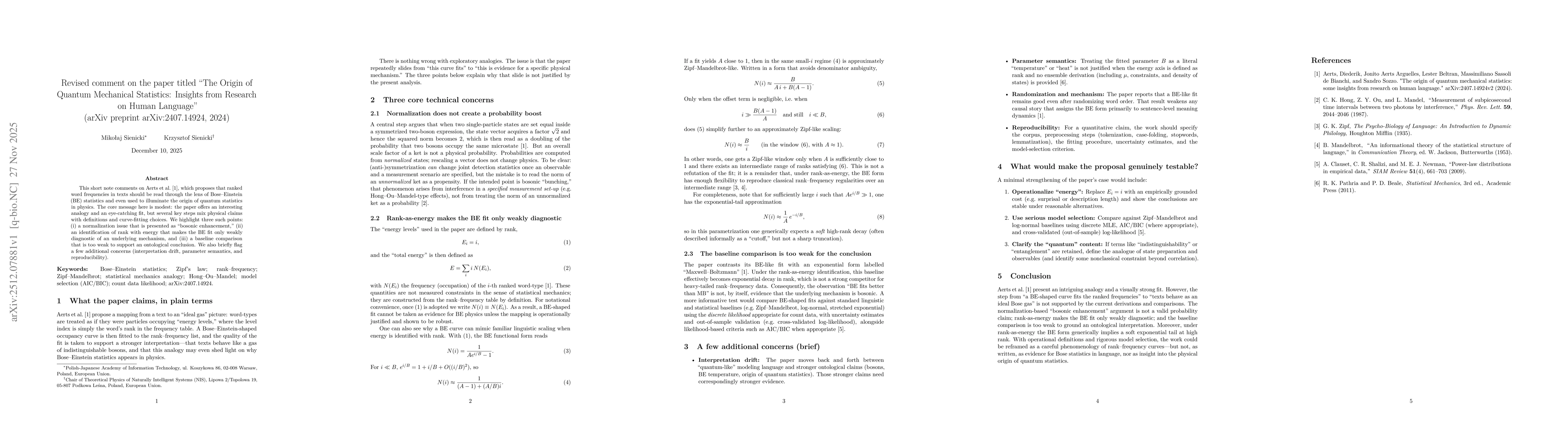 Thumbnail for Revised comment on the paper titled "The Origin of Quantum Mechanical Statistics: Insights from Research on Human Language