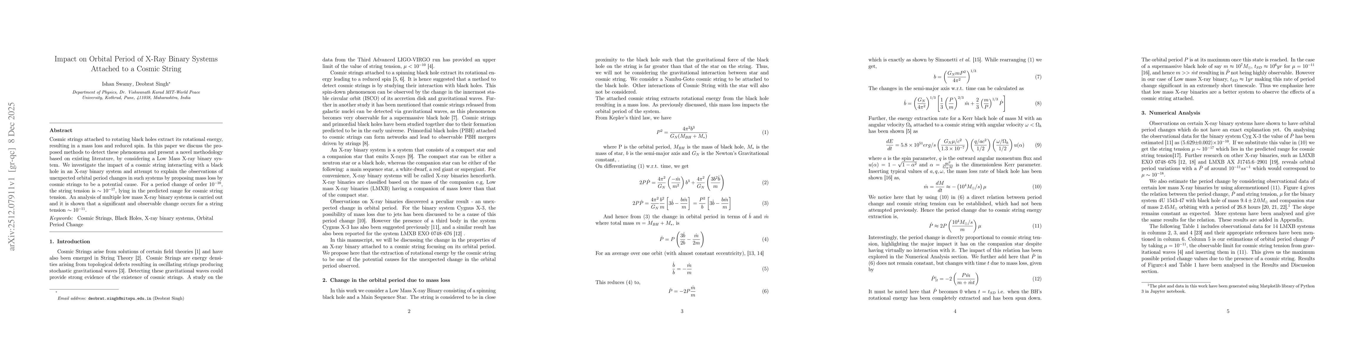 Thumbnail for Impact on orbital period of X-ray Binary system attached to a cosmic string