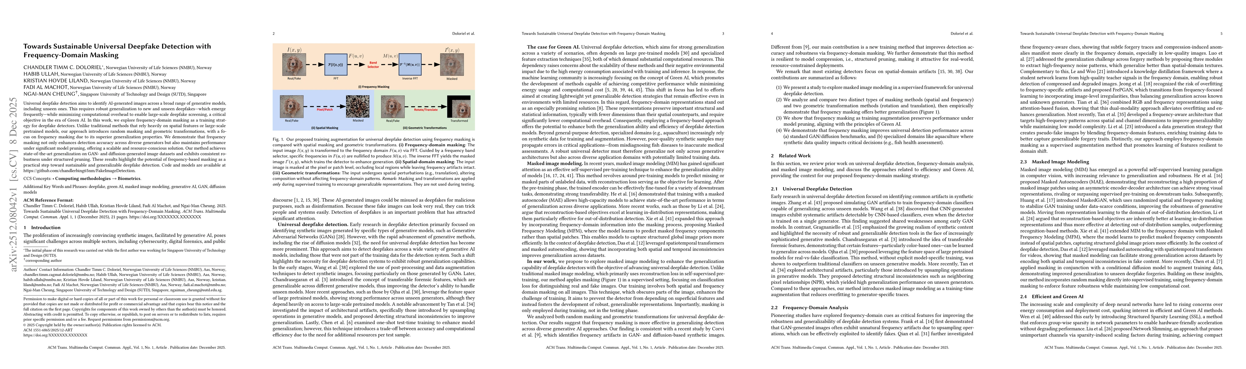 Thumbnail for Towards Sustainable Universal Deepfake Detection with Frequency-Domain Masking