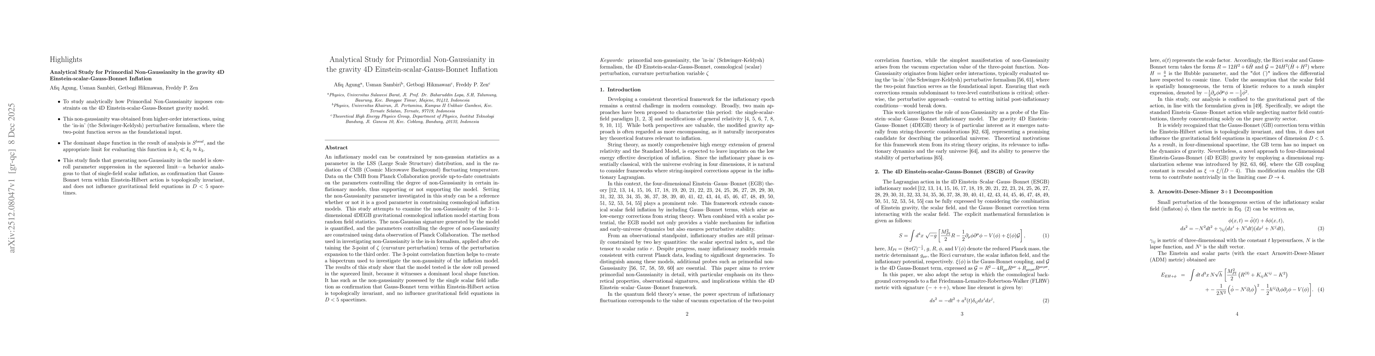 Thumbnail for Analytical Study for Primordial Non-Gaussianity in the gravity 4D Einstein-scalar-Gauss-Bonnet Inflation