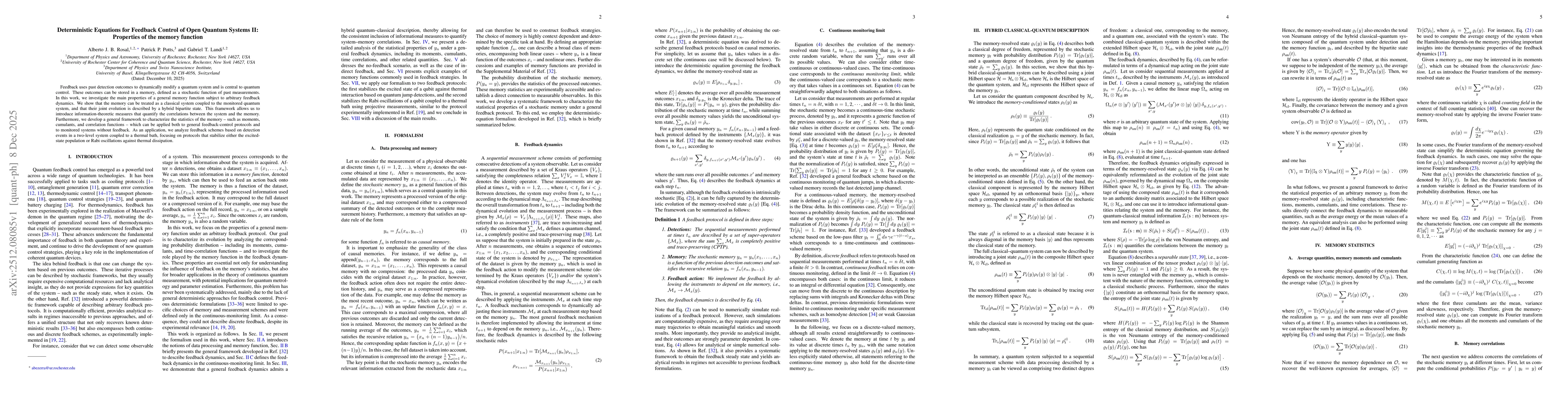 Thumbnail for Deterministic Equations for Feedback Control of Open Quantum Systems II: Properties of the memory function