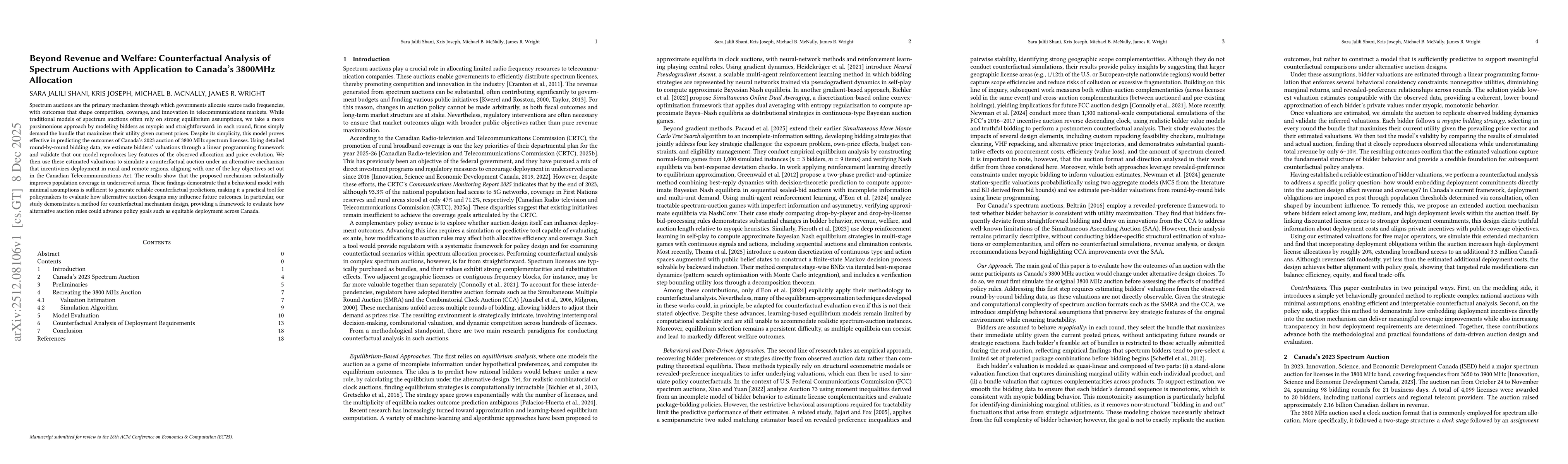 Thumbnail for Beyond Revenue and Welfare: Counterfactual Analysis of Spectrum Auctions with Application to Canada's 3800MHz Allocation
