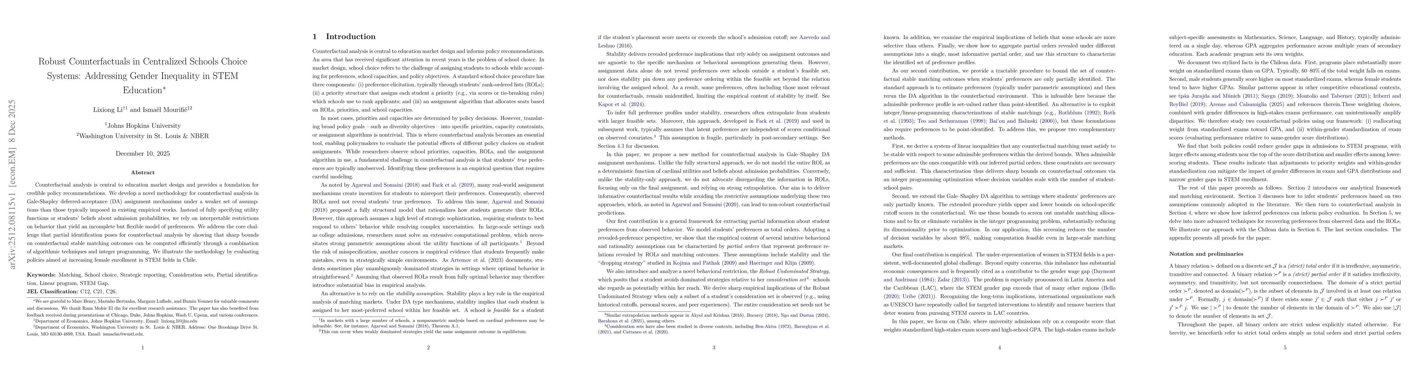 Thumbnail for Robust Counterfactuals in Centralized Schools Choice Systems: Addressing Gender Inequality in STEM Education