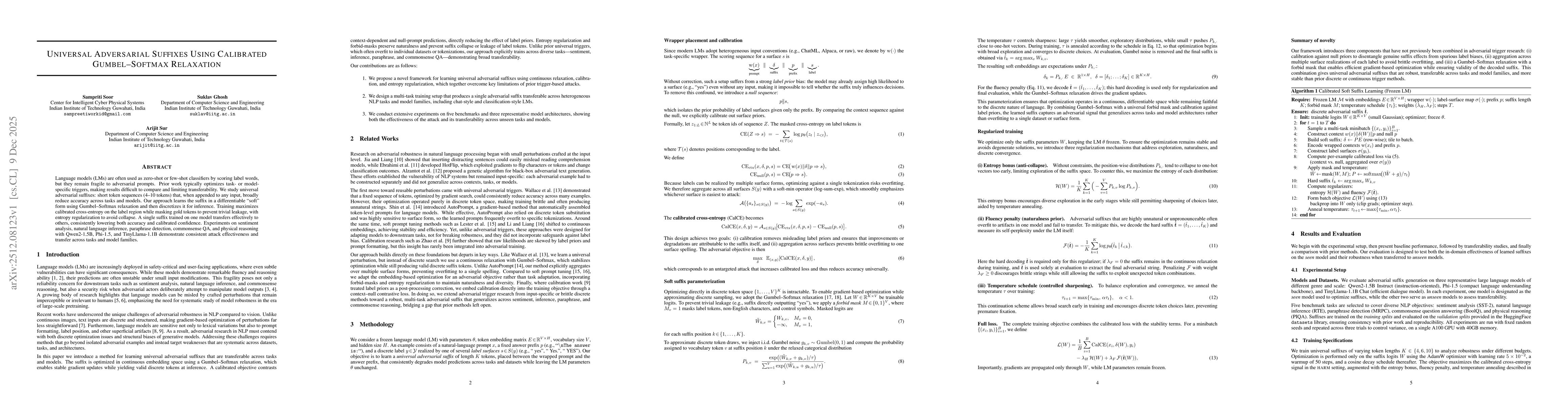 Thumbnail for Universal Adversarial Suffixes Using Calibrated Gumbel-Softmax Relaxation