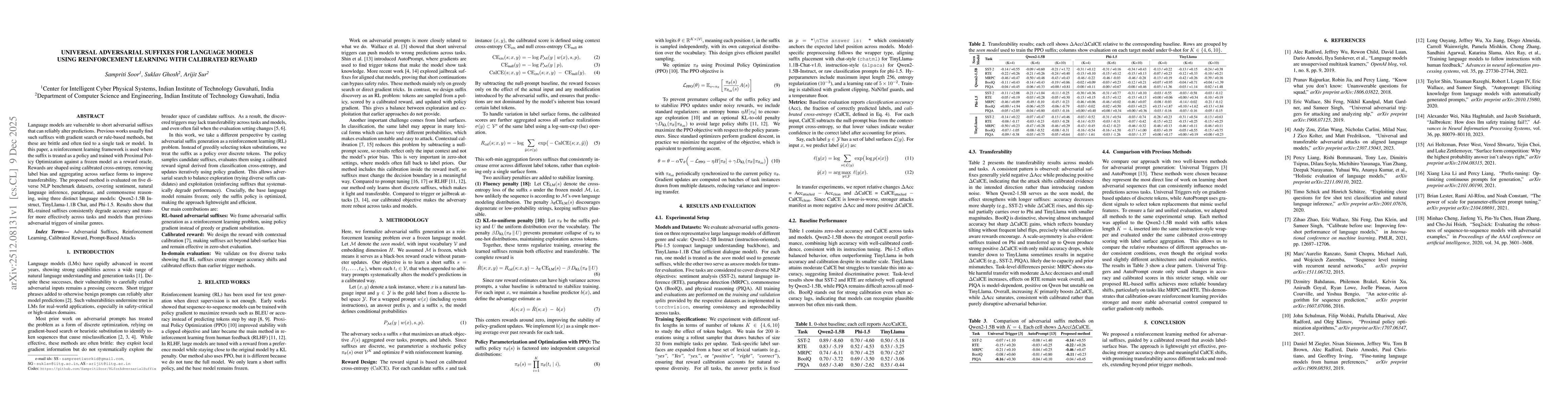 Thumbnail for Universal Adversarial Suffixes for Language Models Using Reinforcement Learning with Calibrated Reward