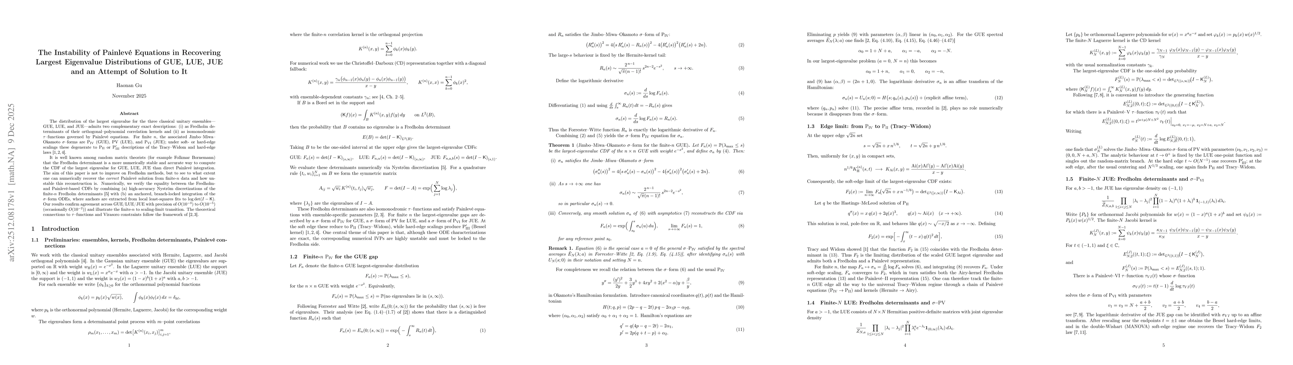 Thumbnail for The Instability of Painlevé Equations in Recovering Largest Eigenvalue Distributions of GUE, LUE, JUE and an Attempt of Solution to It