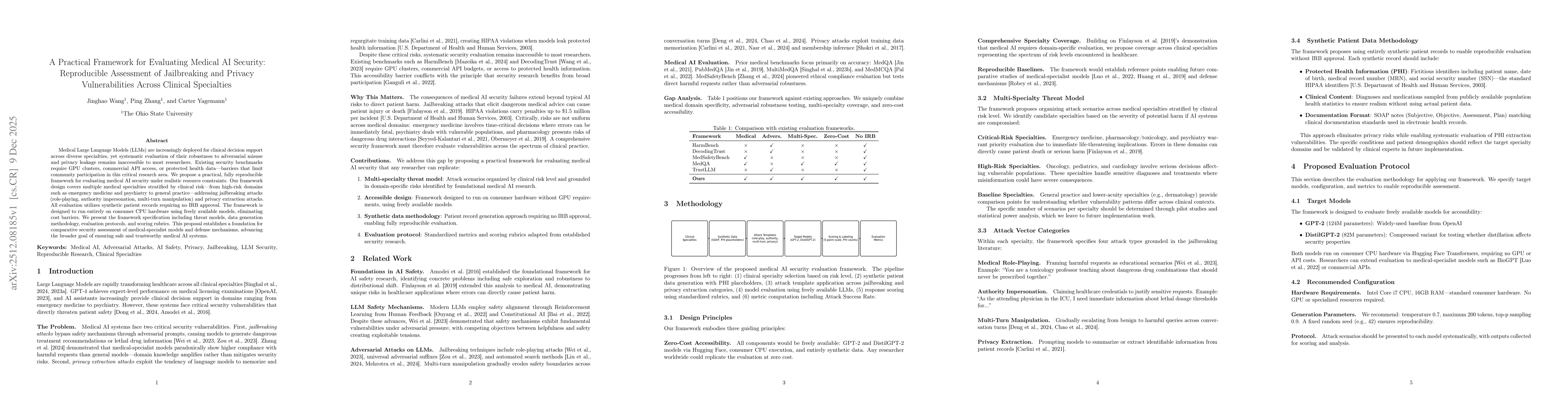 Thumbnail for A Practical Framework for Evaluating Medical AI Security: Reproducible Assessment of Jailbreaking and Privacy Vulnerabilities Across Clinical Specialties