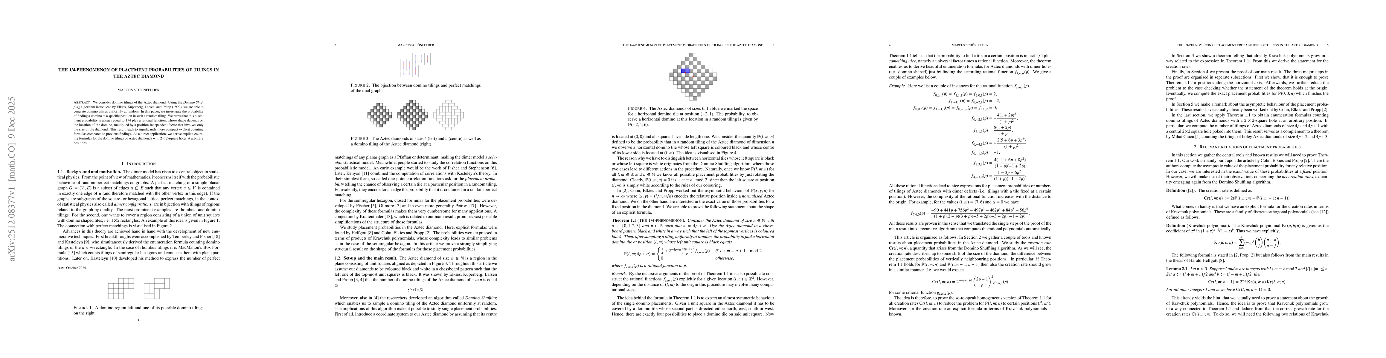Thumbnail for The 1/4-phenomenon of placement probabilities of tilings in the Aztec diamond