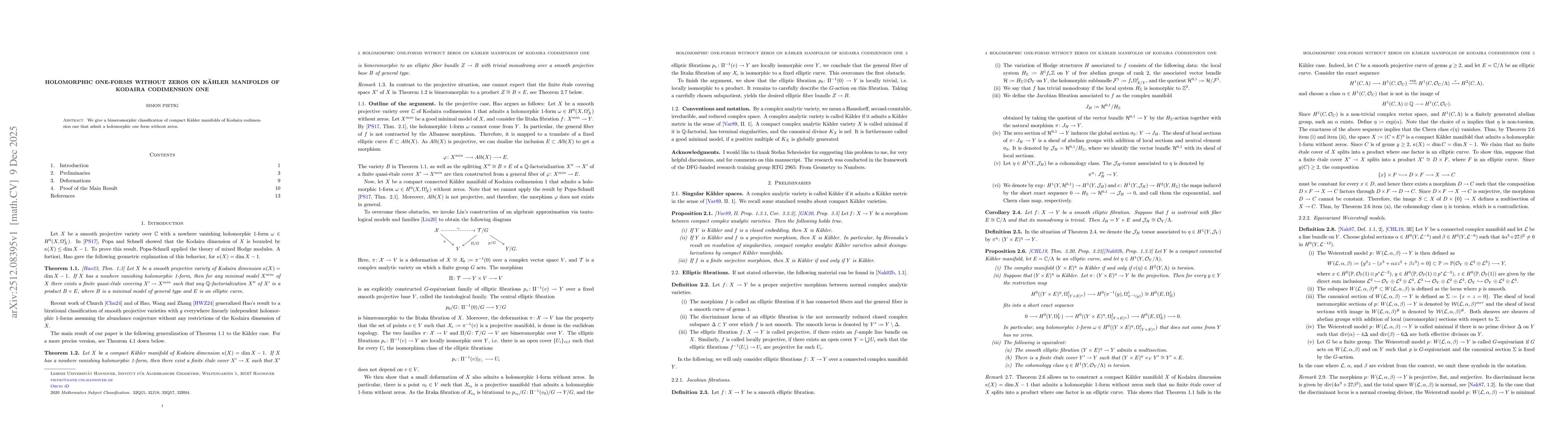 Thumbnail for Holomorphic one-forms without zeros on Kähler manifolds of Kodaira codimension one
