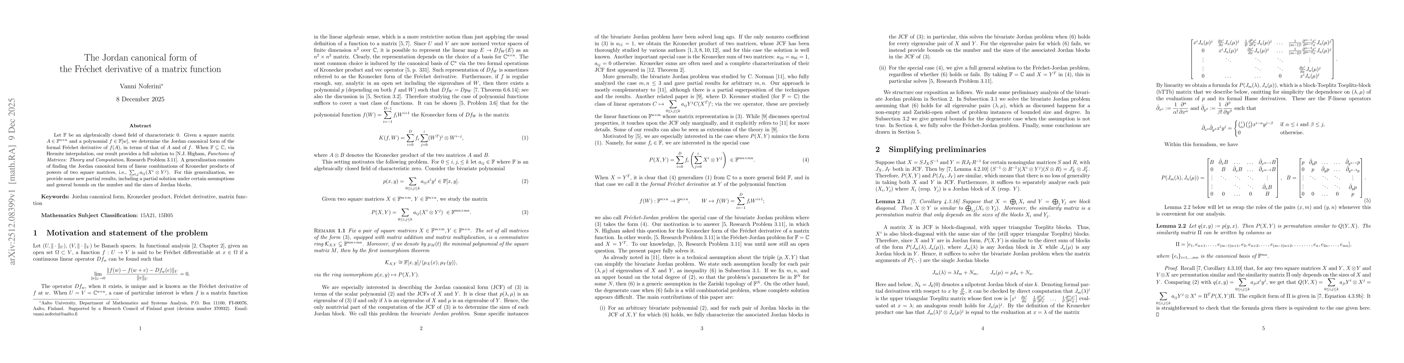 Thumbnail for The Jordan canonical form of the Fréchet derivative of a matrix function