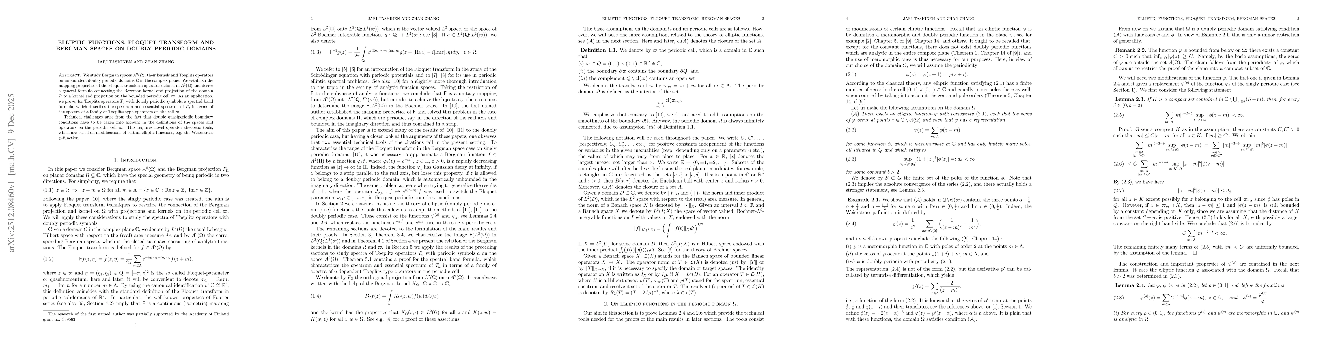 Thumbnail for Elliptic functions, Floquet transform and Bergman spaces on doubly periodic domains