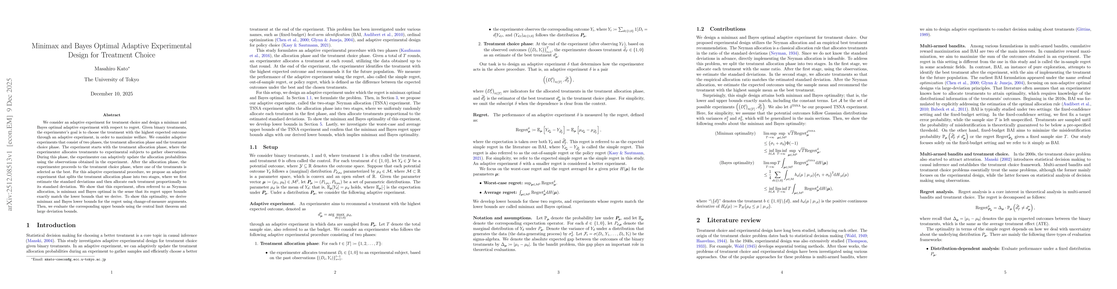 Thumbnail for Minimax and Bayes Optimal Adaptive Experimental Design for Treatment Choice