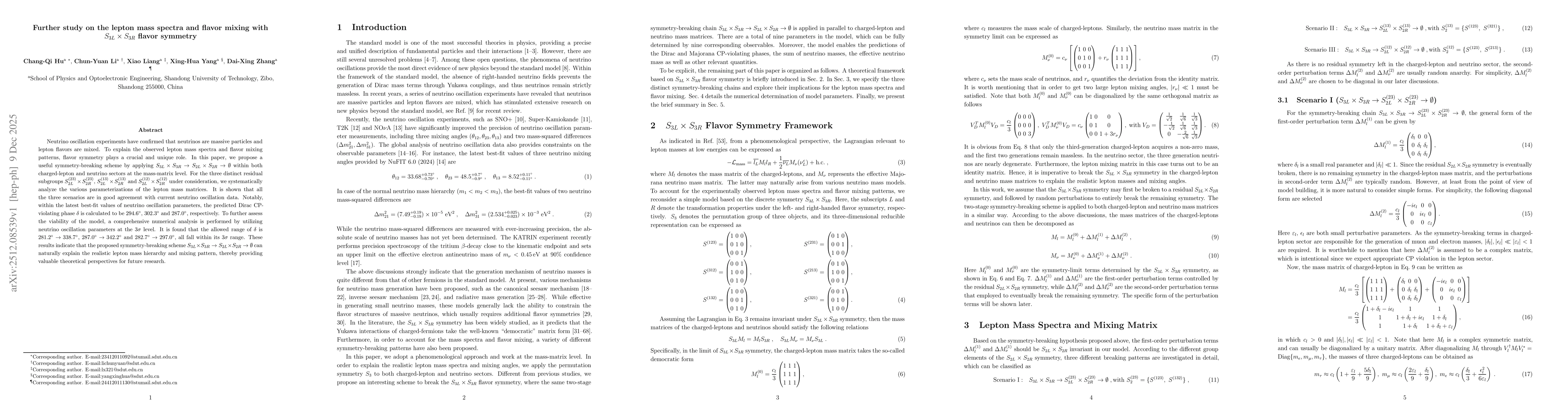 Thumbnail for Further study on the lepton mass spectra and flavor mixing with $S_{3L} \times S_{3R}$ flavor symmetry