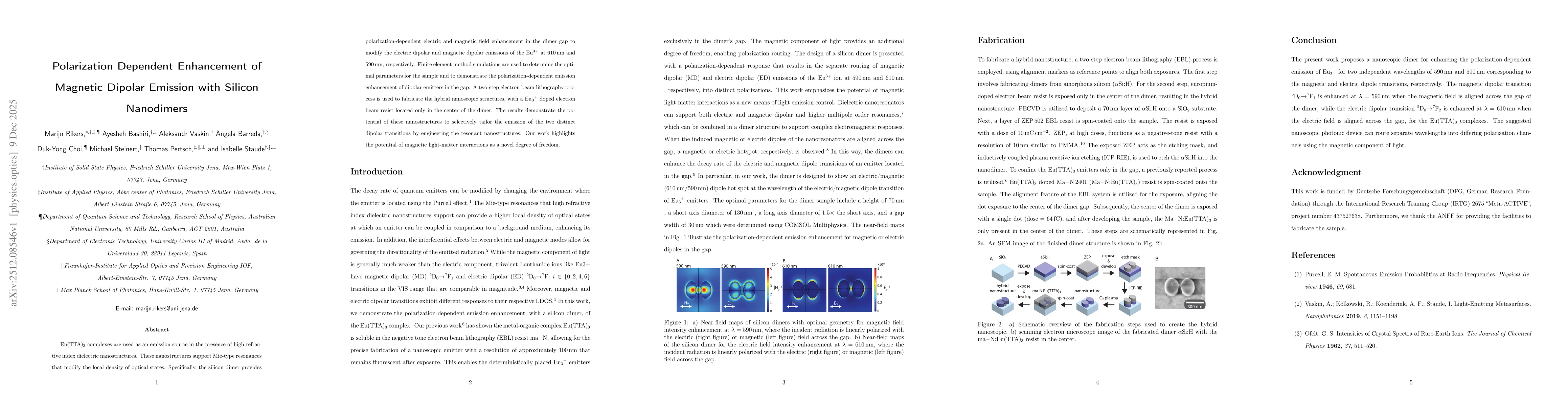 Thumbnail for Polarization Dependent Enhancement of Magnetic Dipolar Emission with Silicon Nanodimers
