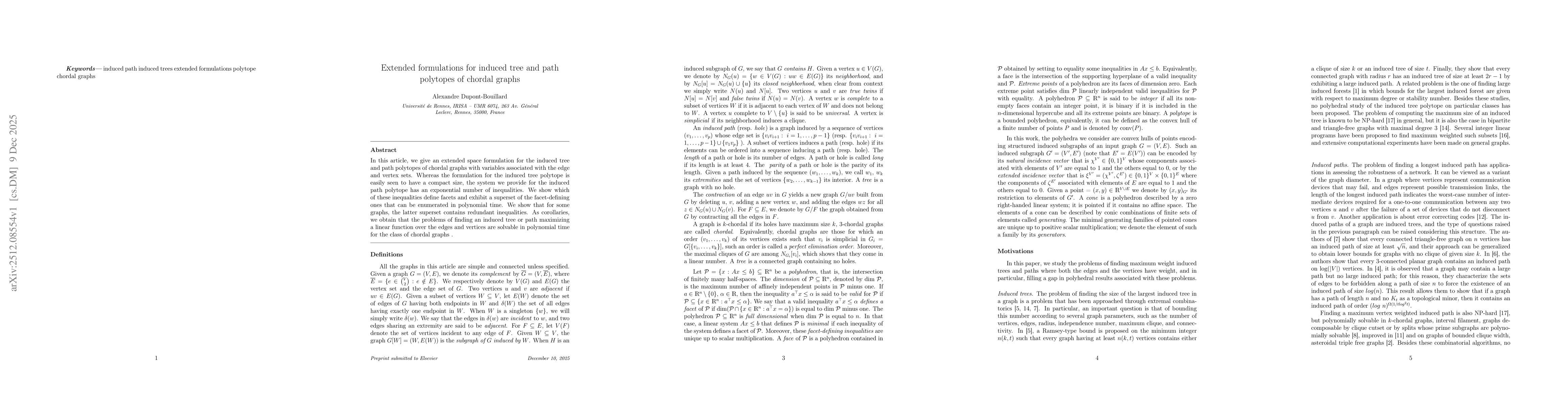 Thumbnail for Extended formulations for induced tree and path polytopes of chordal graphs
