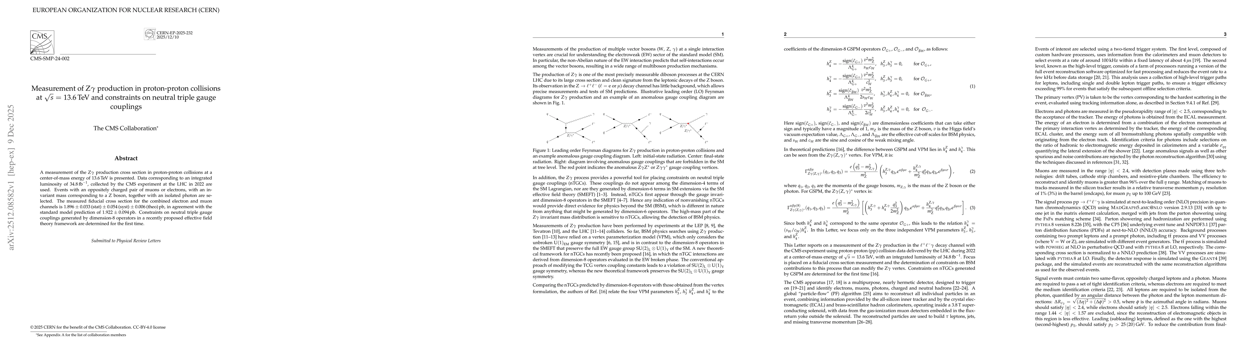 Thumbnail for Measurement of Z$γ$ production in proton-proton collisions at $\sqrt{s}$ = 13.6 TeV and constraints on neutral triple gauge couplings