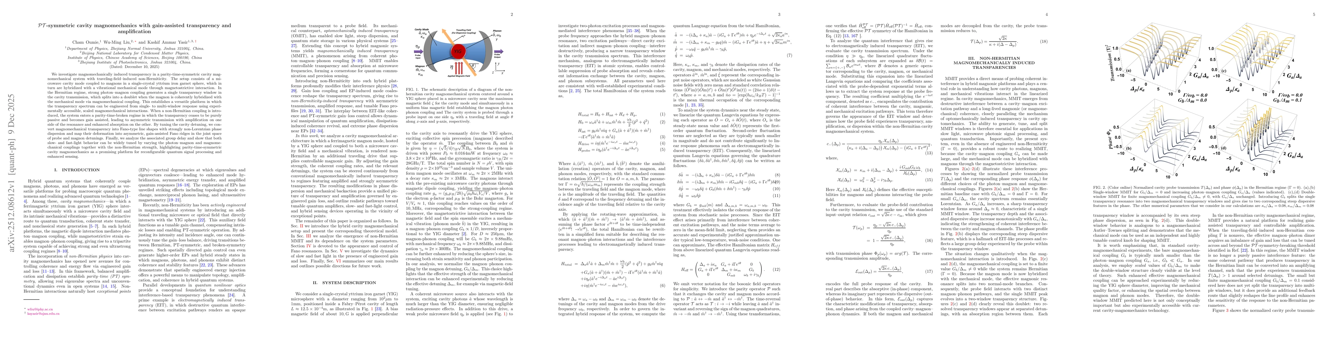 Thumbnail for $\mathcal{PT}$-symmetric cavity magnomechanics with gain-assisted transparency and amplification