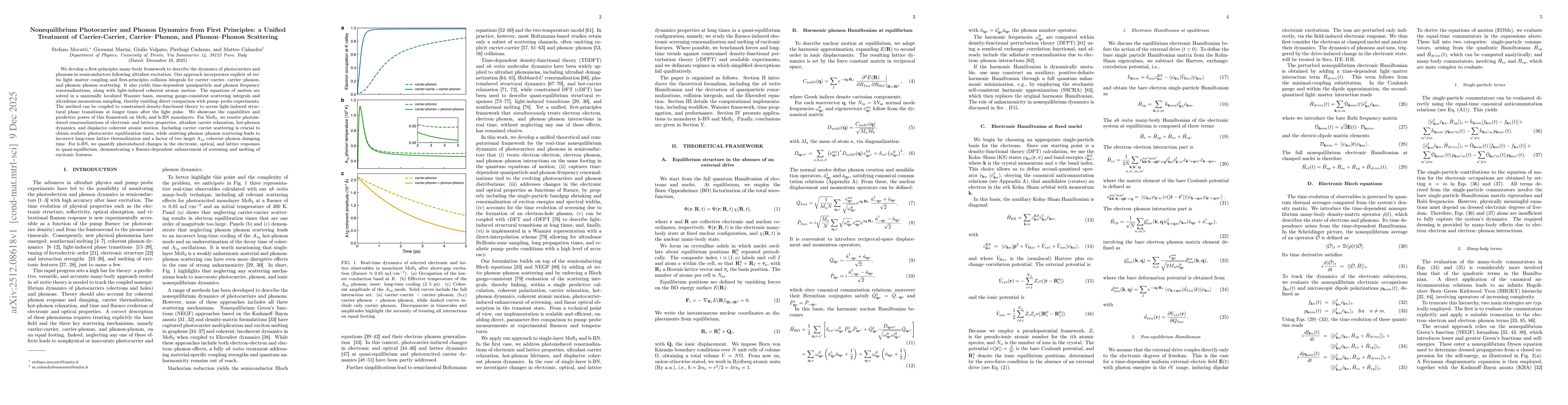Thumbnail for Nonequilibrium Photocarrier and Phonon Dynamics from First Principles: a Unified Treatment of Carrier-Carrier, Carrier-Phonon, and Phonon-Phonon Scattering