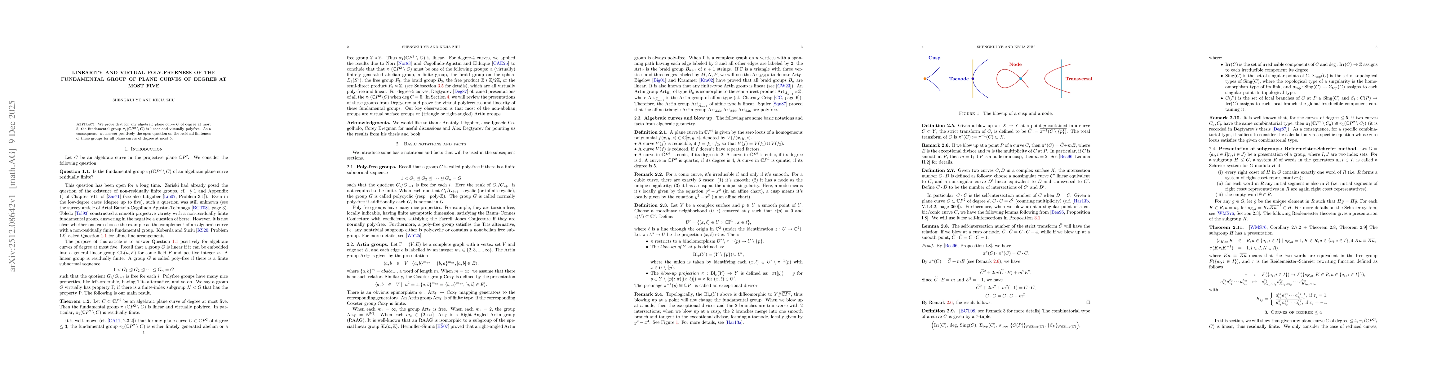 Thumbnail for Linearity and virtual poly-freeness of the fundamental group of plane curves of degree at most five