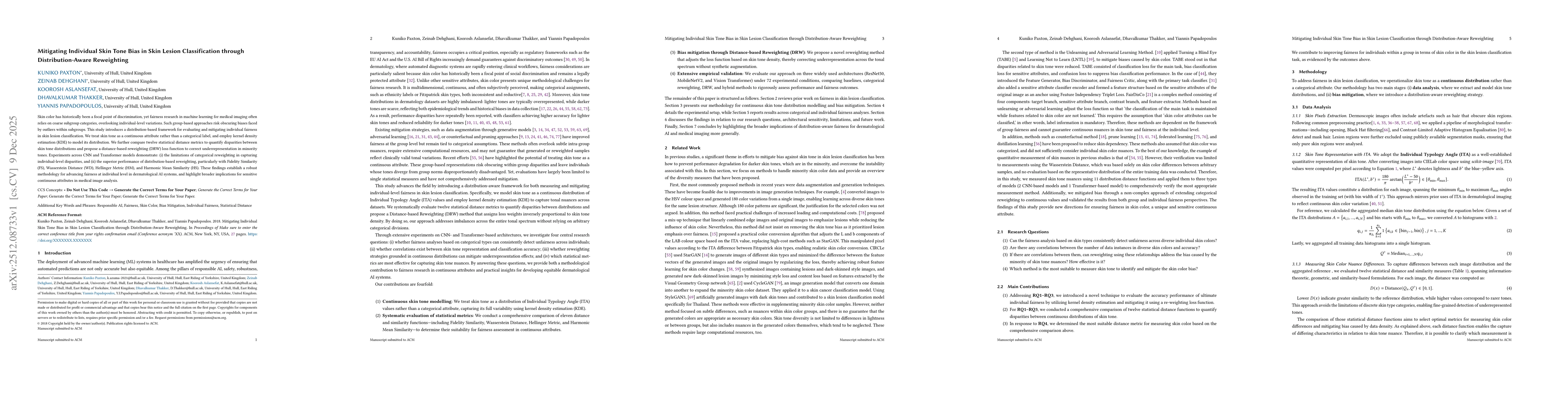 Thumbnail for Mitigating Individual Skin Tone Bias in Skin Lesion Classification through Distribution-Aware Reweighting