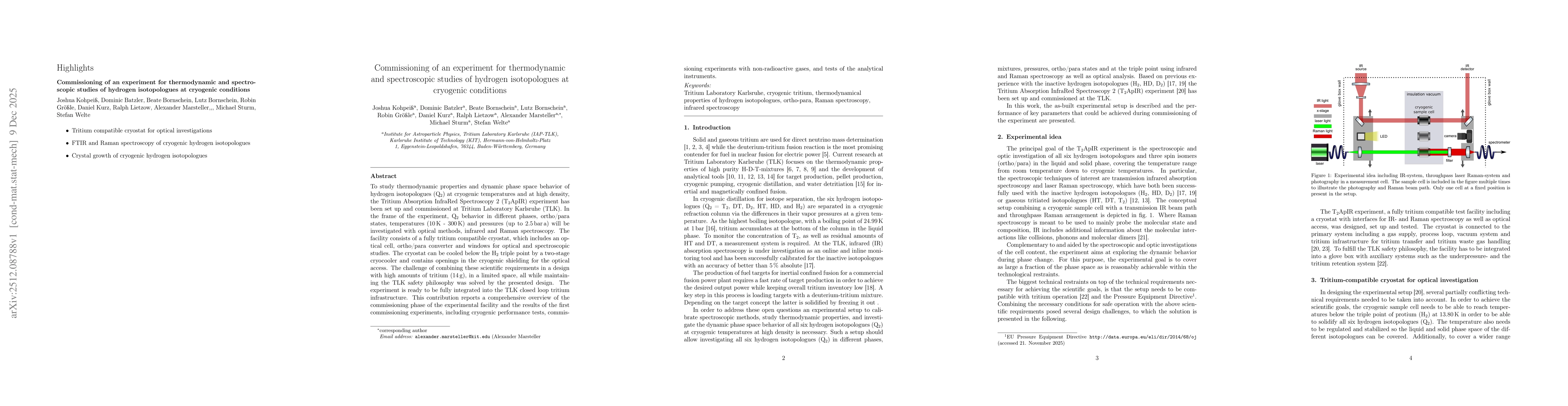 Thumbnail for Commissioning of an experiment for thermodynamic and spectroscopic studies of hydrogen isotopologues at cryogenic conditions