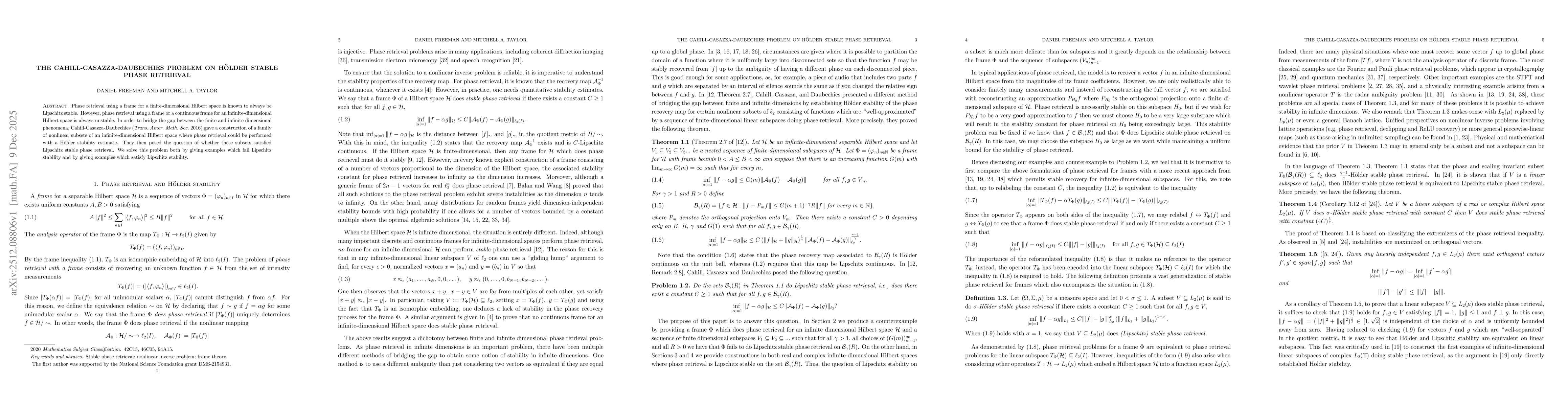 Thumbnail for The Cahill-Casazza-Daubechies problem on Hölder stable phase retrieval