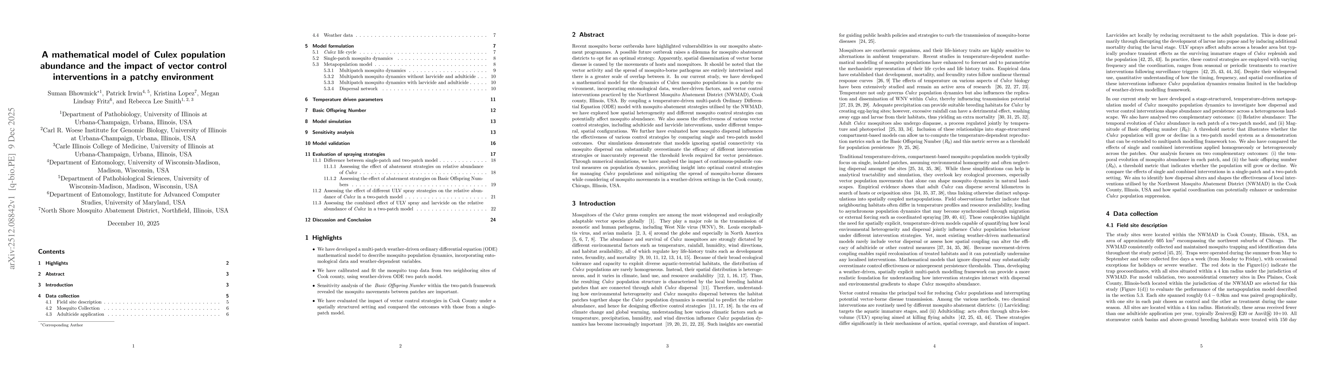 Thumbnail for A mathematical model of \textit{Culex} population abundance and the impact of vector control interventions in a patchy environment