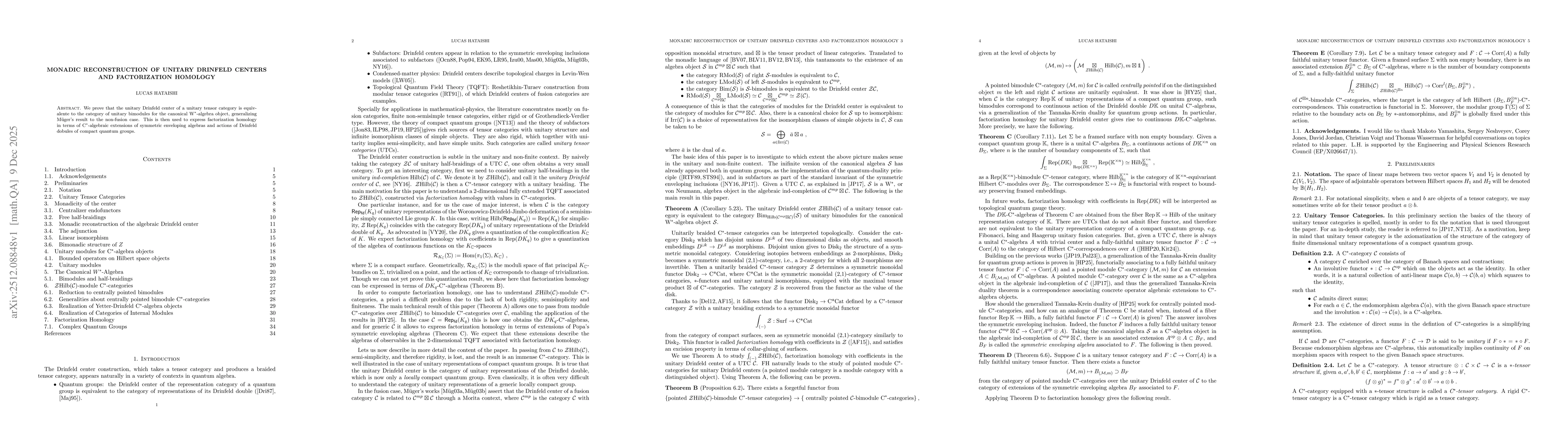 Thumbnail for Monadic reconstruction of unitary Drinfeld centers and Factorization Homology