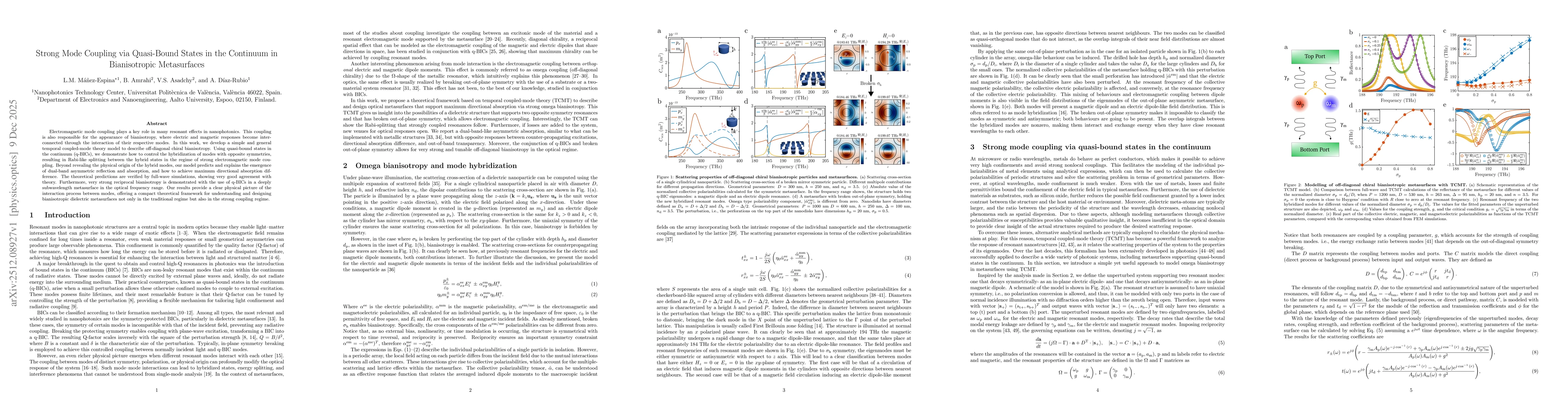Thumbnail for Strong Mode Coupling via Quasi-Bound States in the Continuum in Bianisotropic Metasurfaces