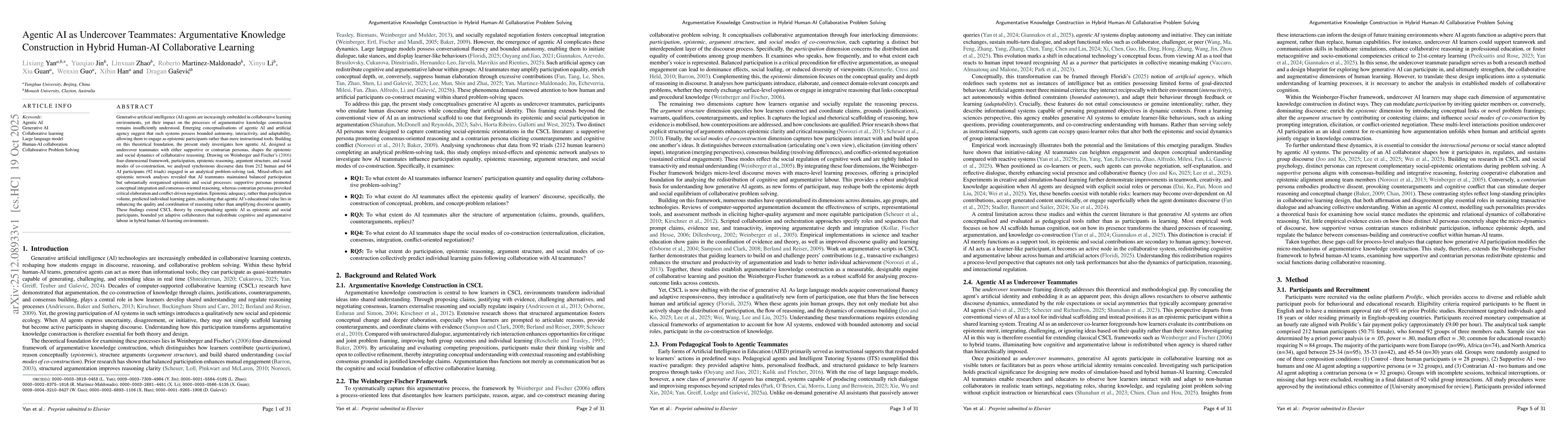 Thumbnail for Agentic AI as Undercover Teammates: Argumentative Knowledge Construction in Hybrid Human-AI Collaborative Learning