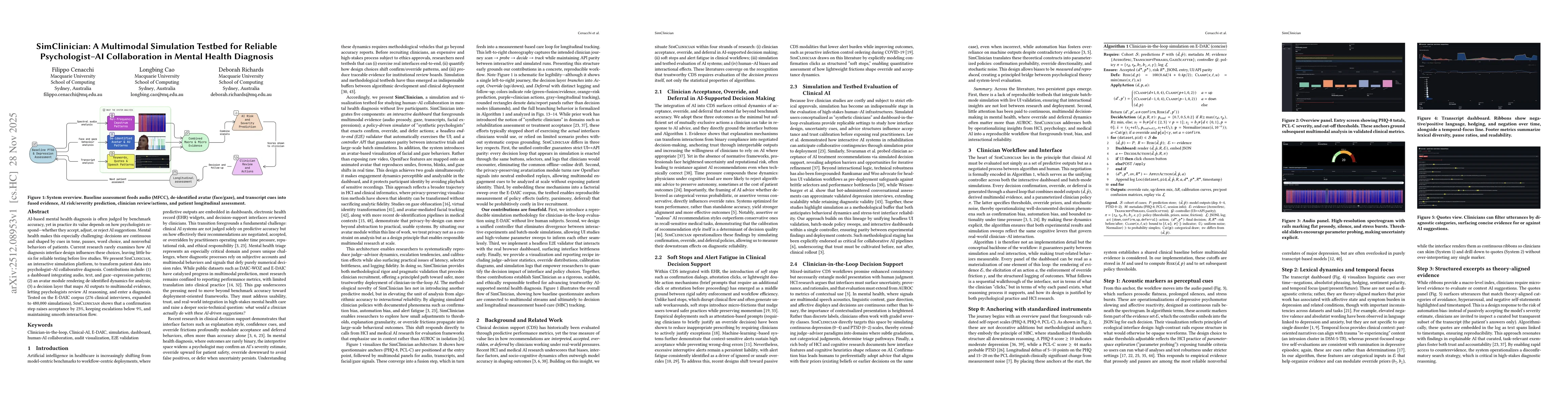 Thumbnail for SimClinician: A Multimodal Simulation Testbed for Reliable Psychologist AI Collaboration in Mental Health Diagnosis