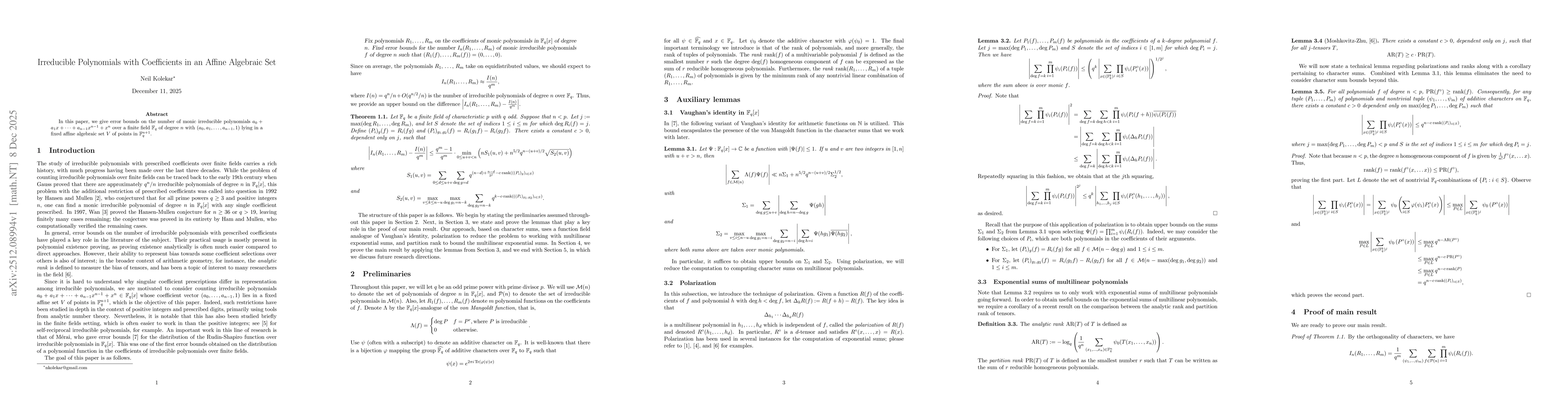 Thumbnail for Irreducible Polynomials with Coefficients in an Affine Algebraic Set