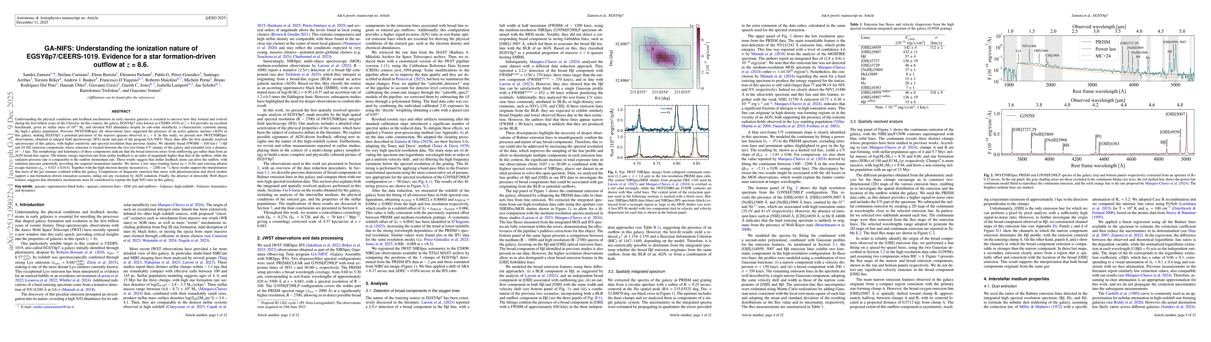 Thumbnail for GA-NIFS: Understanding the ionization nature of EGSY8p7/CEERS-1019. Evidence for a star formation-driven outflow at z = 8.6