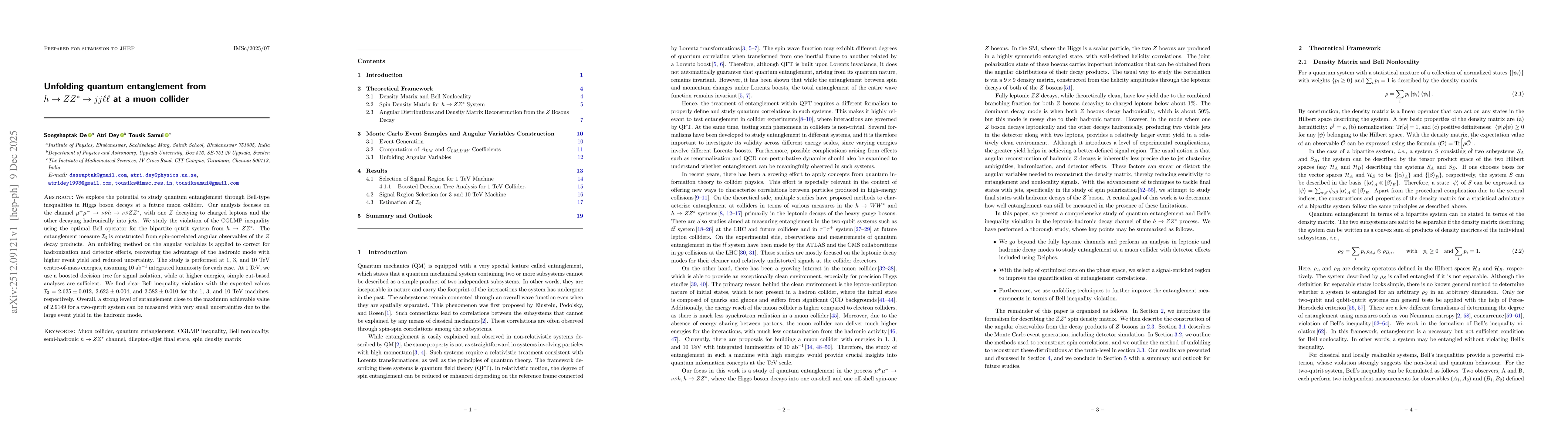 Thumbnail for Unfolding quantum entanglement from $h\to ZZ^*\to jj\ell\ell$ at a muon collider