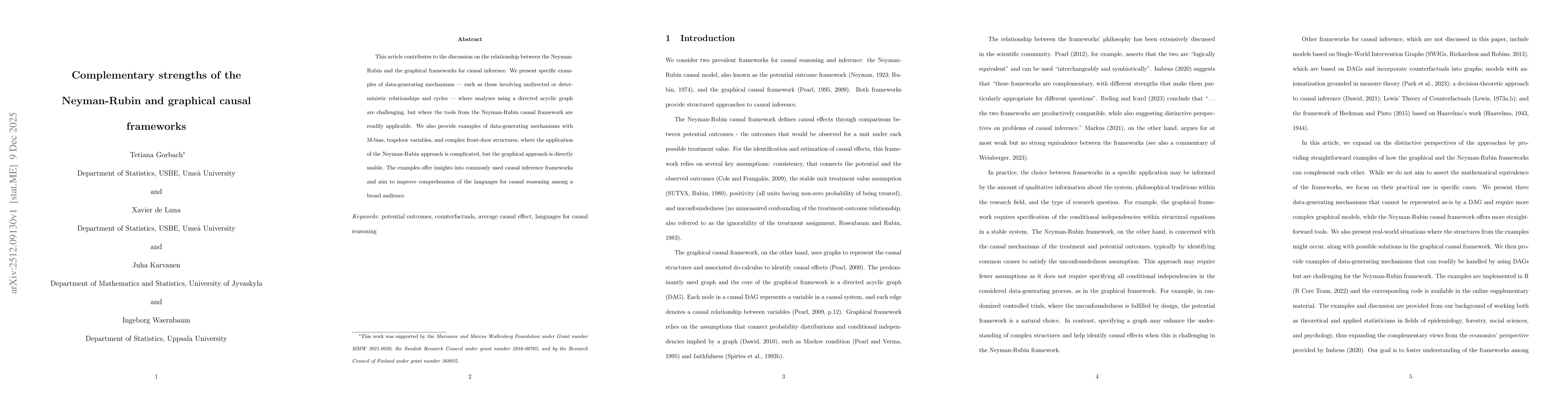 Thumbnail for Complementary strengths of the Neyman-Rubin and graphical causal frameworks