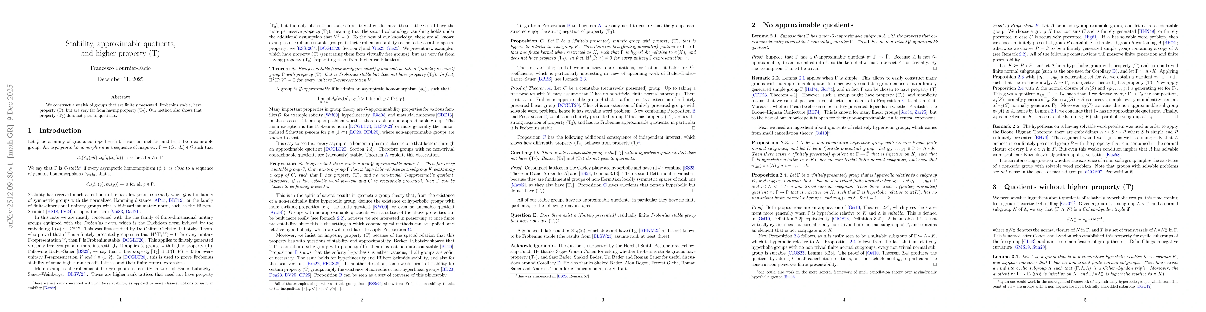Thumbnail for Stability, approximable quotients, and higher property (T)