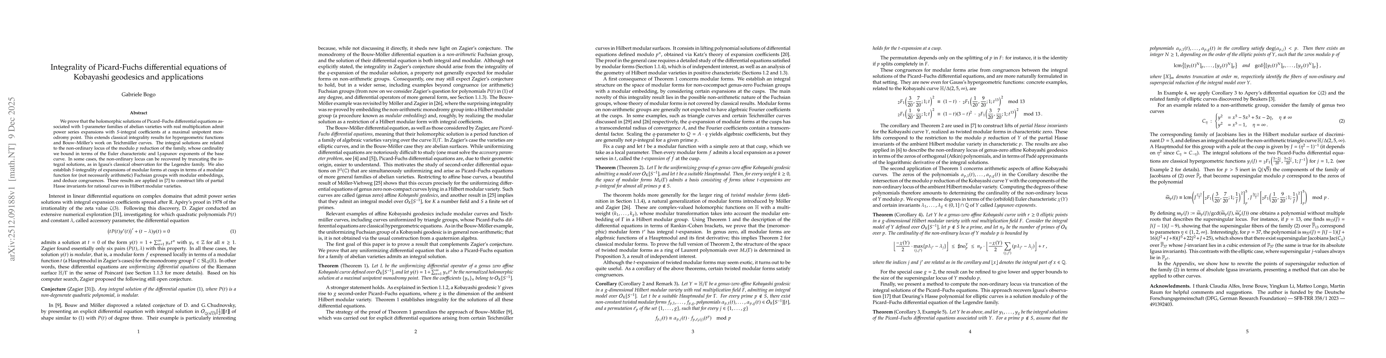 Thumbnail for Integrality of Picard-Fuchs differential equations of Kobayashi geodesics and applications