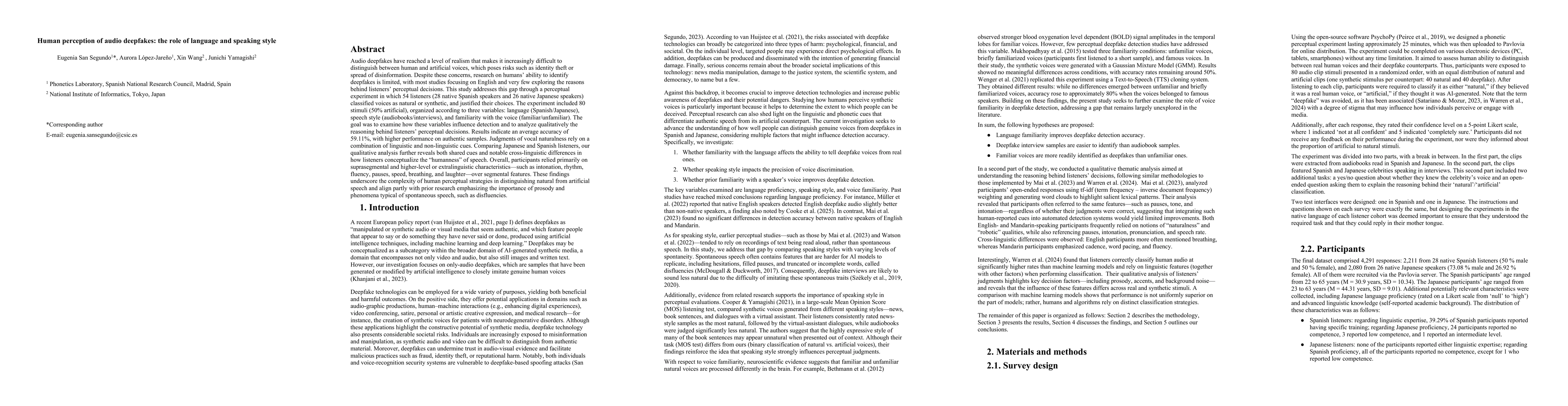 Thumbnail for Human perception of audio deepfakes: the role of language and speaking style