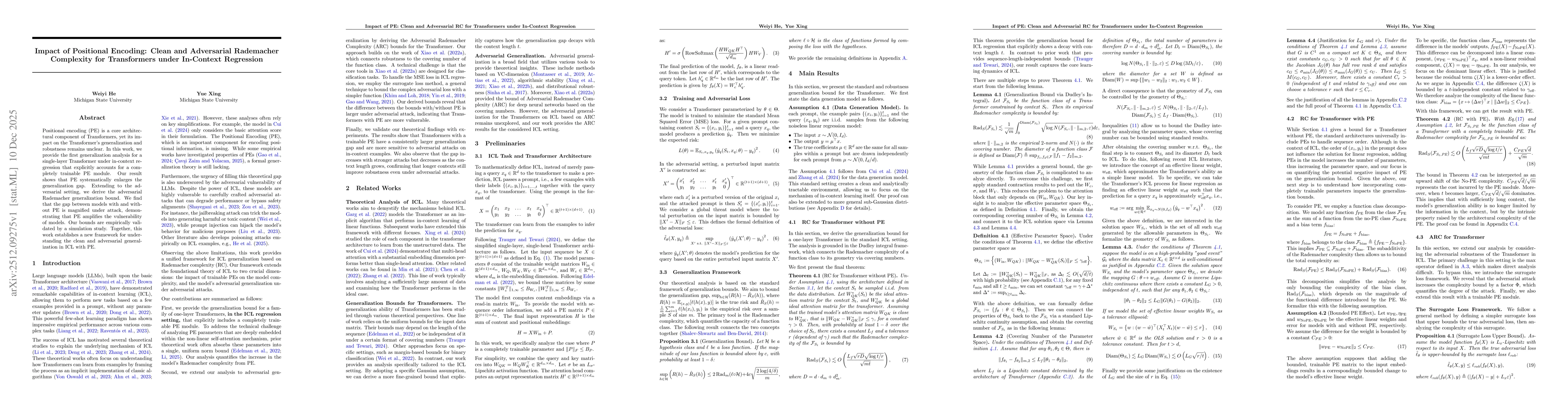 Thumbnail for Impact of Positional Encoding: Clean and Adversarial Rademacher Complexity for Transformers under In-Context Regression