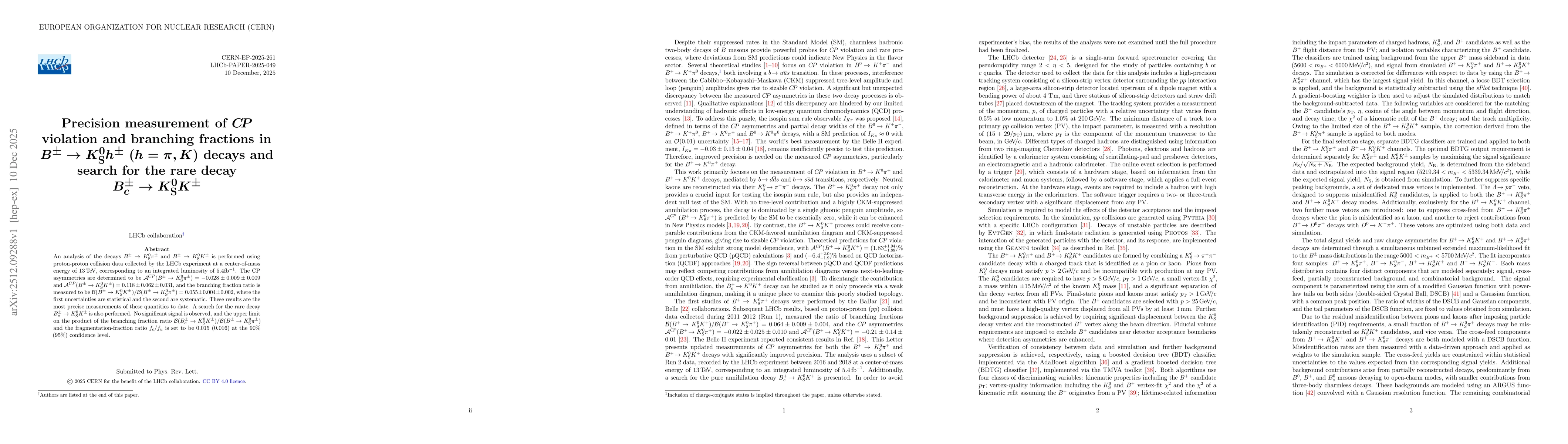 Thumbnail for Precision measurement of CP violation and branching fractions in $B^{\pm} \to K^0_{\mathrm{S}} h^{\pm}$ $(h = π, K)$ decays and search for the rare decay $B_c^{\pm} \to K^0_{\mathrm{S}} K^{\pm}$