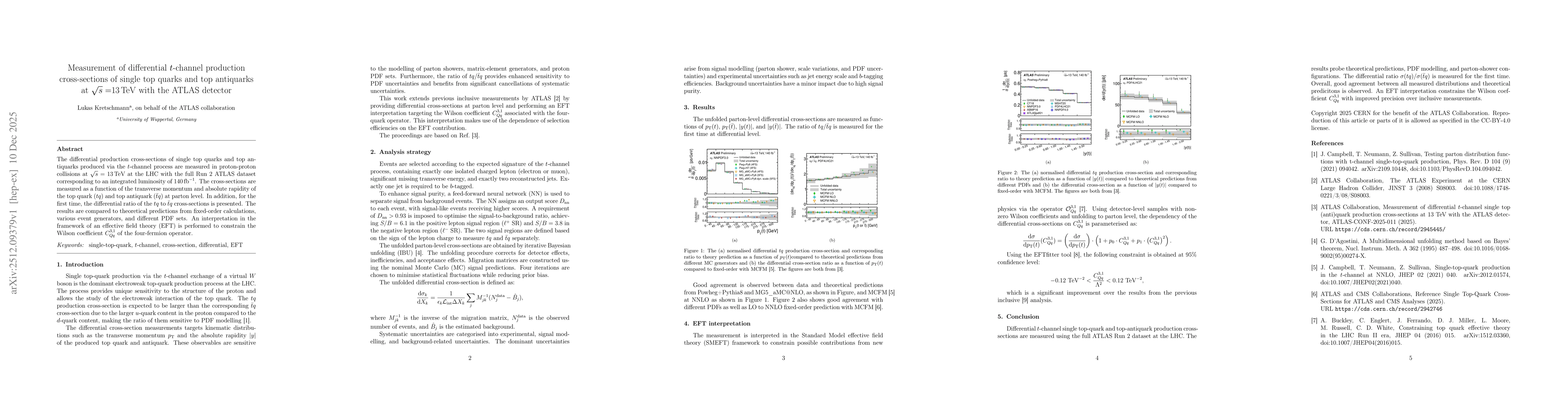Thumbnail for Measurement of differential $t$-channel production cross-sections of single top quarks and top antiquarks at $\sqrt{s}=13$ TeV with the ATLAS detector