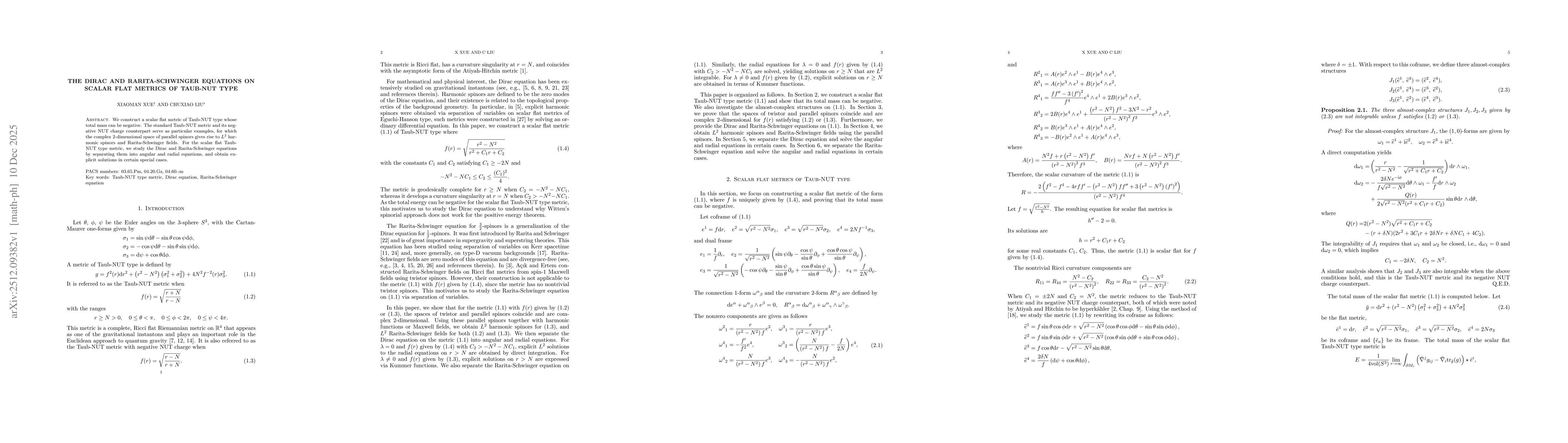 Thumbnail for The Dirac and Rarita-Schwinger equations on scalar flat metrics of Taub-NUT type