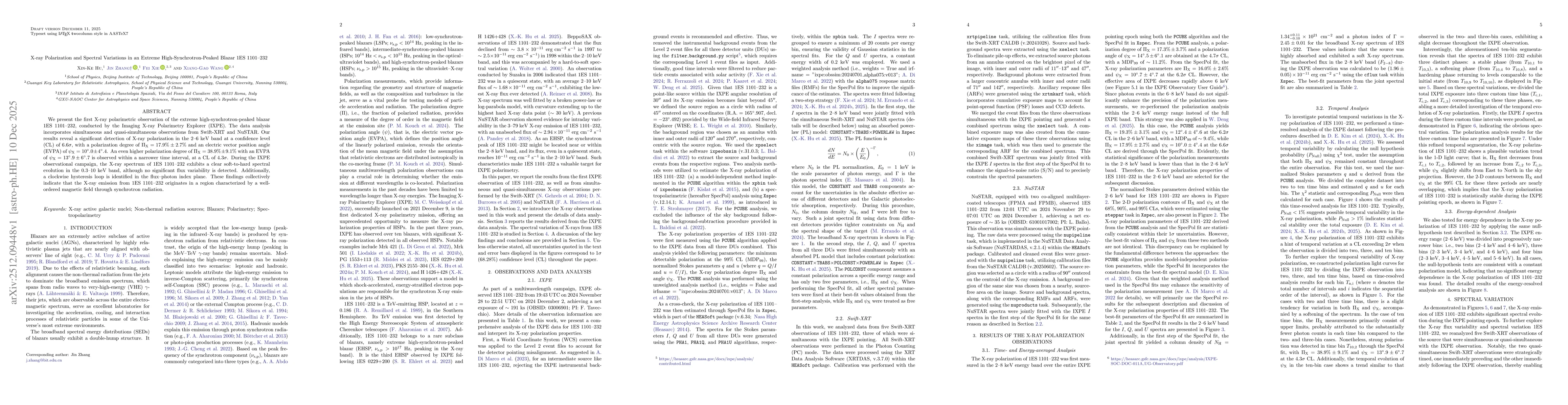 Thumbnail for X-ray Polarization and Spectral Variations in an Extreme High-Synchrotron-Peaked Blazar 1ES 1101--232
